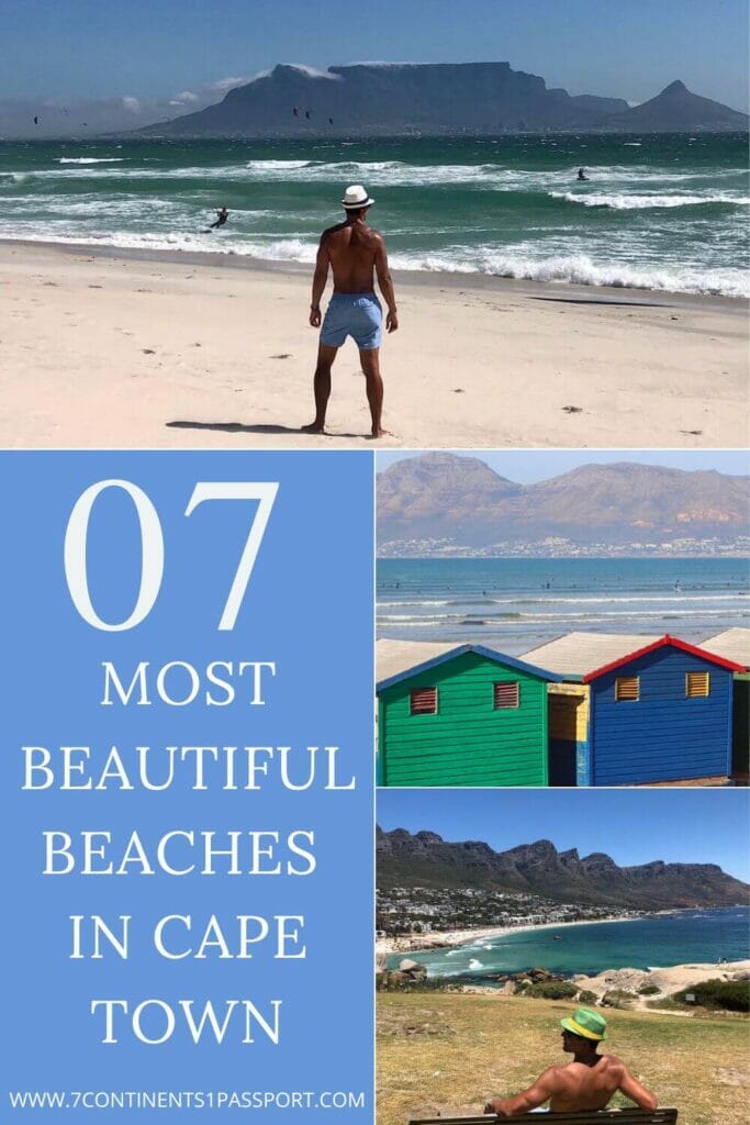 A man wearing a white hat and blue shorts at Boulbergstrand Beach, two colorful beach huts of Muizenberg Beach and a man wearing green and yellow hat sitting on a bench admiring the view of Camps Bay