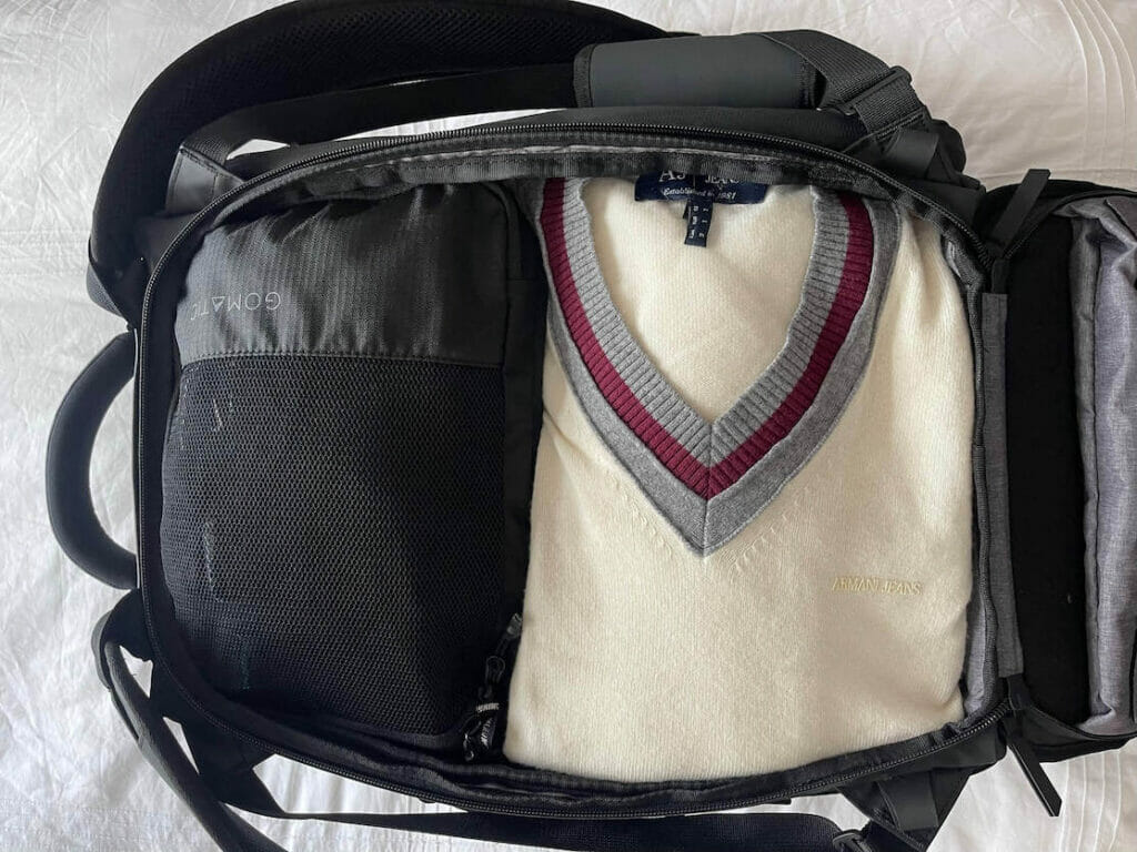 A Gomatic 30L backpack packed with clothes