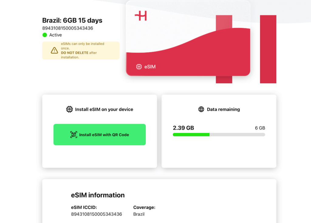 Screenshot com informações sobre o dados remanescentes de um eSIM da Holafly de 15G