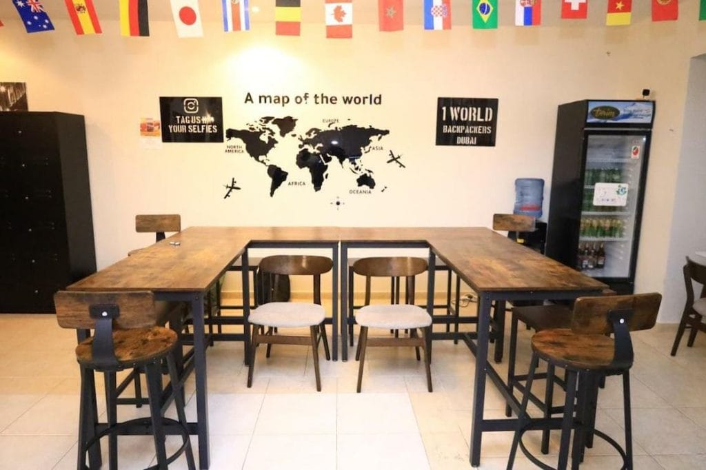 The shared lounge of 1 World Dubai Hostel, Dubai Marina