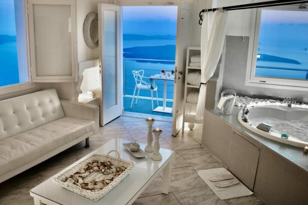 Aeolos Art & Eco Suites Adults Only  honeymoon suite with sea view and a jetted tub, Imerovigli, Santorini