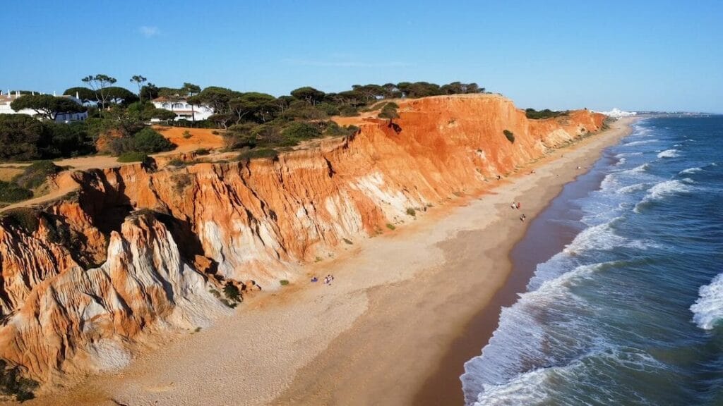 Aerial view over Praia da Falésia, Albufeira, Algarve, Portugal