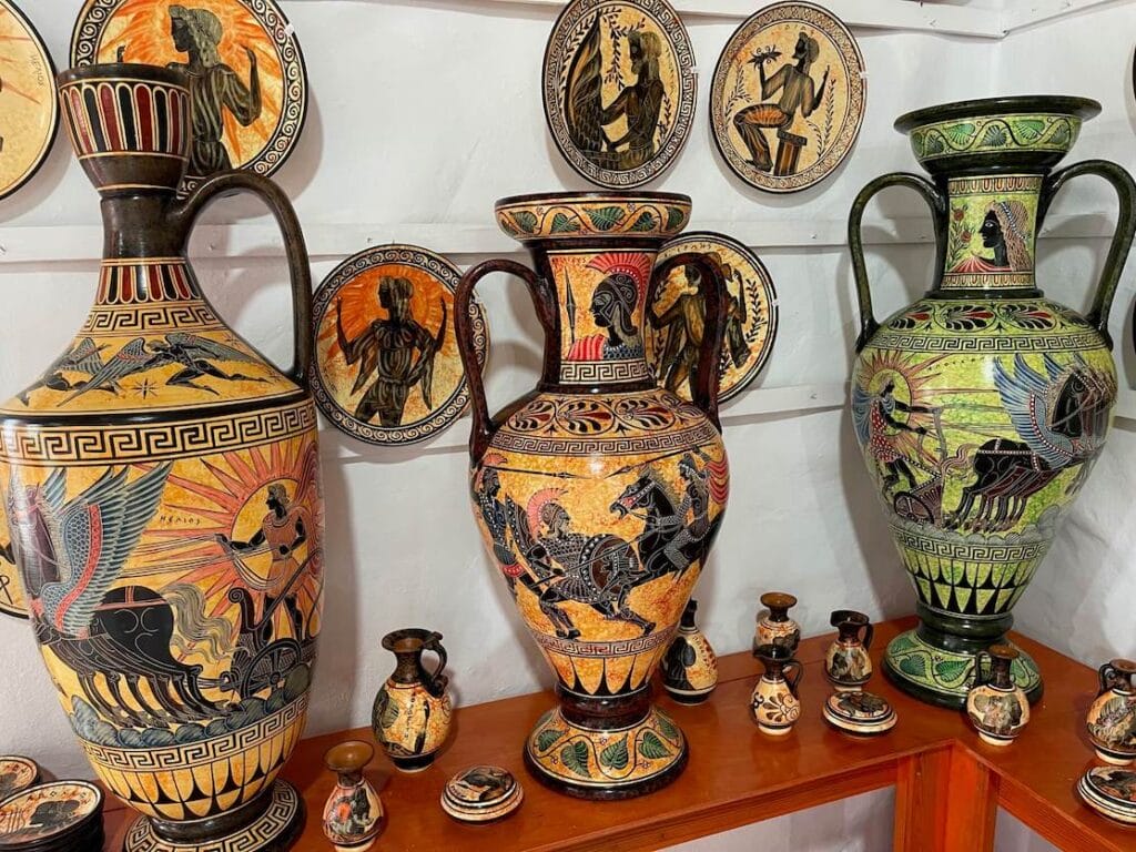 Greek vases and plates to sell at Savvas Ceramics, Lindos, Rhodes