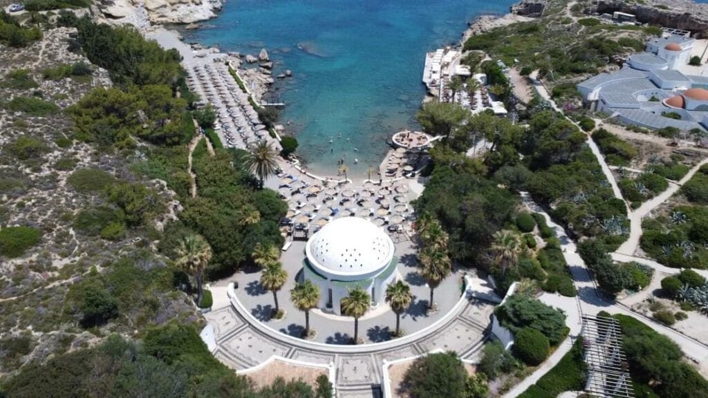 Aerial view of Kalithea Bay and Kalithea Springs, Rhodes, Greece