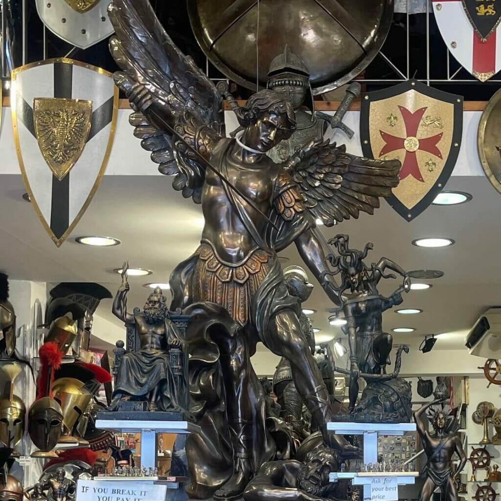 Some metal statues that are sold in shops on Rhodes Old Town, Greece