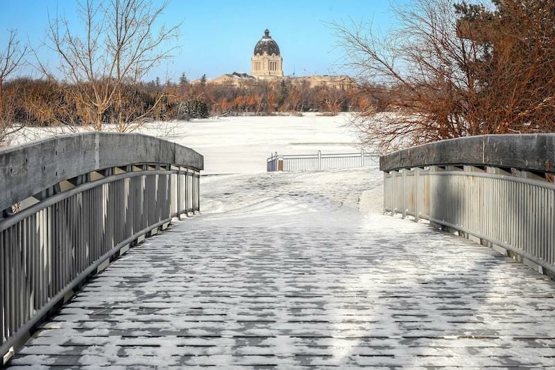 A bridge covered in snow at Wascna Centre Park, Regina, Saskatchewan, Canada