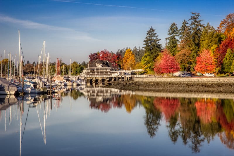 Vibrant autumn leaves and calm water seen along the Stanley Park Seawall Path at sunrise, Vancouver, British Columbia