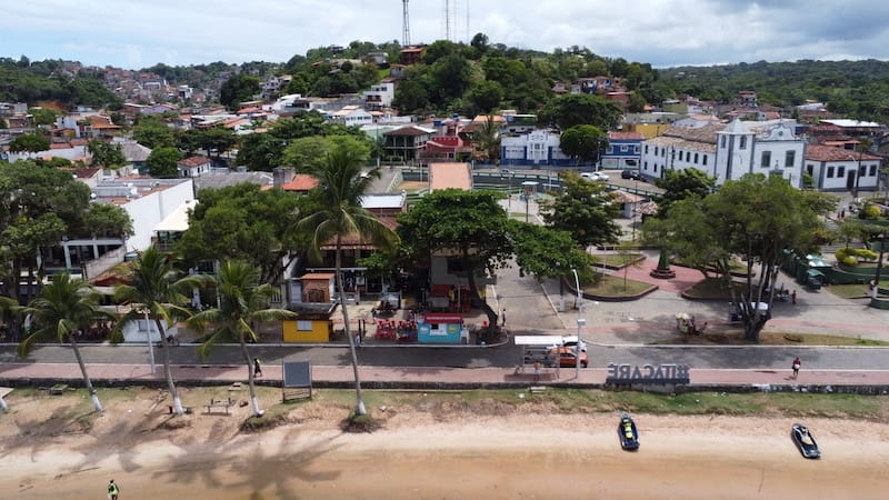 Aerial view over Praia da Coroa, Itacare, Bahia