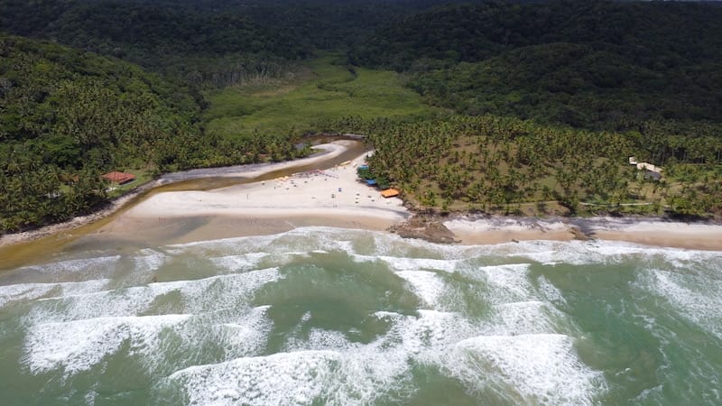 Aerial view over the paradisiacal Praia de Jeribucaçu, Itacare, Bahia, Brazil