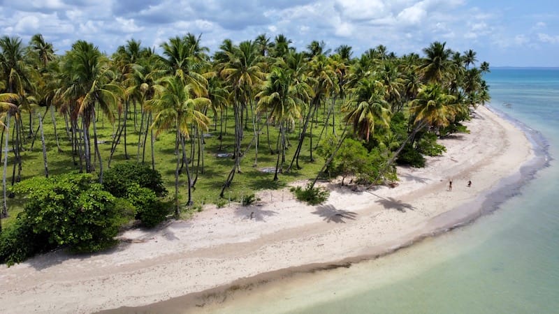 Aerial view over Moreré Beach, Boipeba Island, Bahia, Brazil