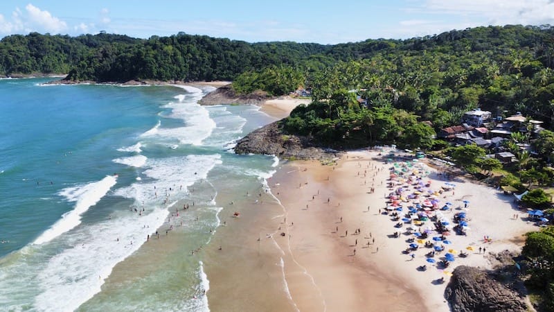 Aerial view of the urban beaches of Itacare, Brazil