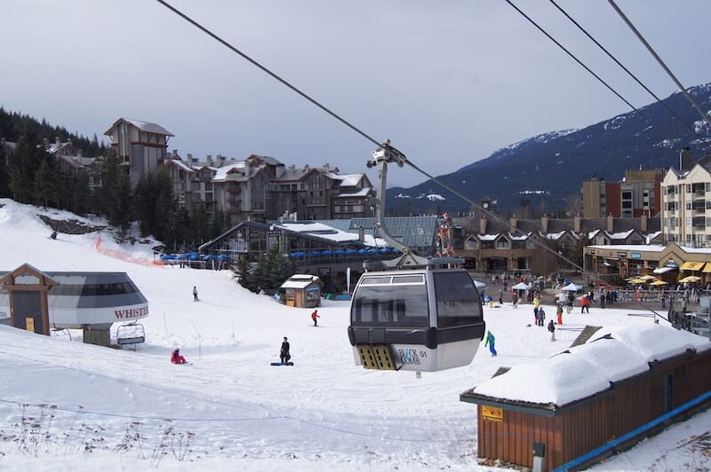 View of Blackcomb gongola taking skiers at Whistler Blackcomb, Whistler, BC, Canada