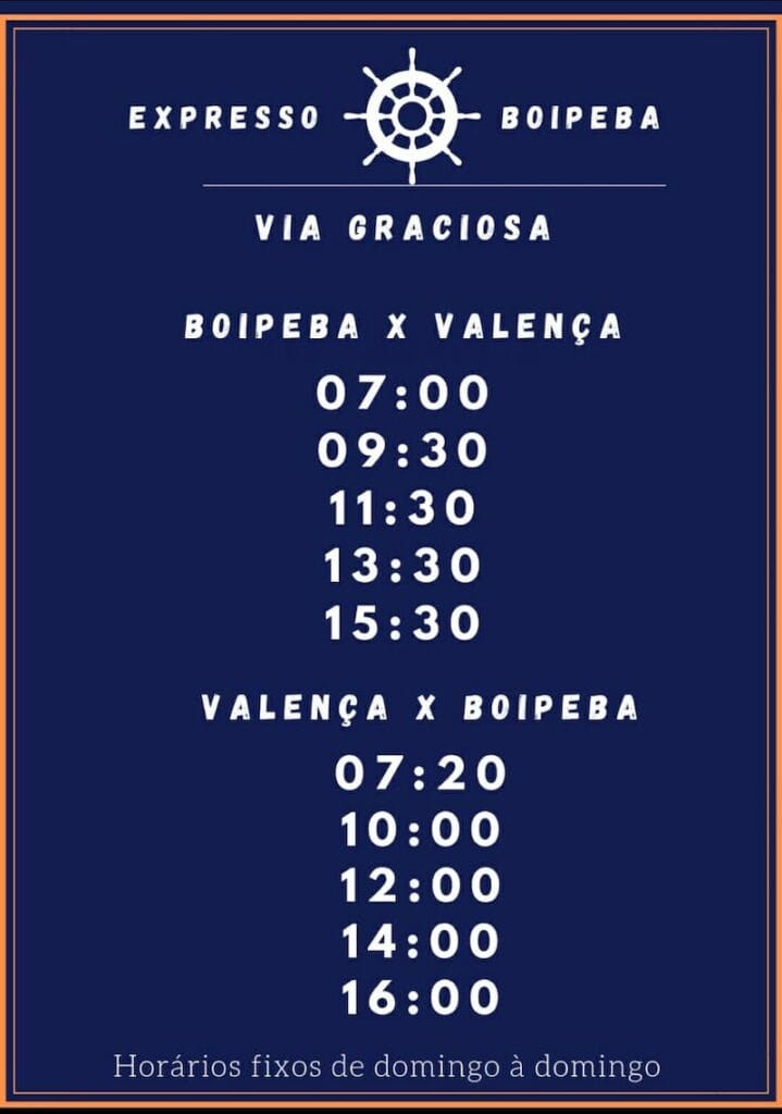 Timetables of the Expresso Boipeba, Valença X Boipeba and Graciosa X Boipeba