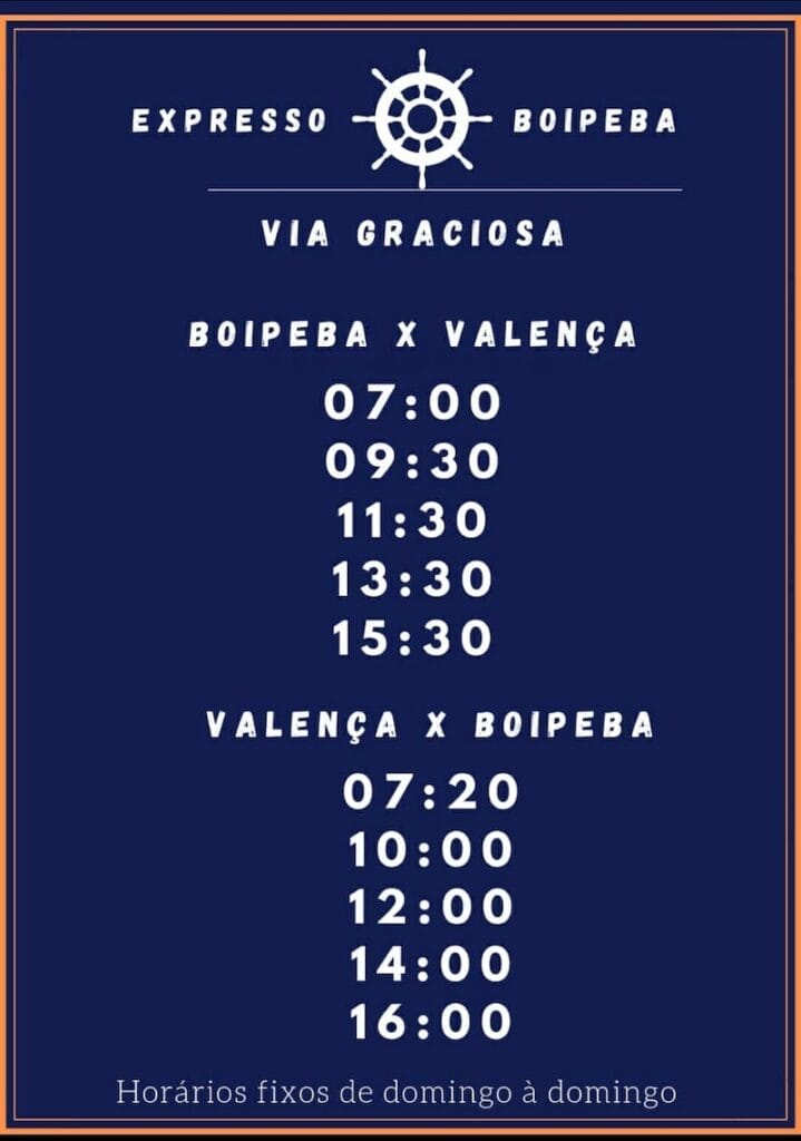 Horário de la la lancha Valença - Boipeba, Boipeba - Valença e Graciosa X Boipeba, Boipeba X Graciosa