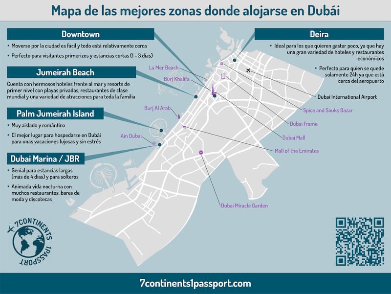 Un mapa de las mejores zonas donde alojarse en Dubái
