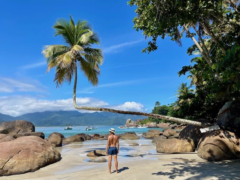 A man wearing a hat and blue shorts posing for a picture underneath a coconut tree at Aventureiro Beach, Ilha Grande, Brazil