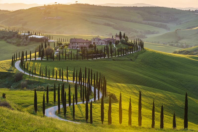 Panoramic view of a spring day in the Italian rural landscape, Tuscany, Italy