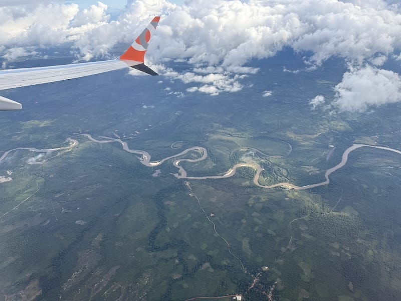 Aerial view of Maranhão rivers and forest from airplane flying to São Luís Brazil