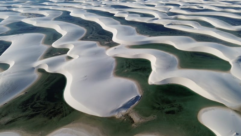 Aerial view of lagoons between white sand dunes in Lençóis Maranhenses National Park Brazil