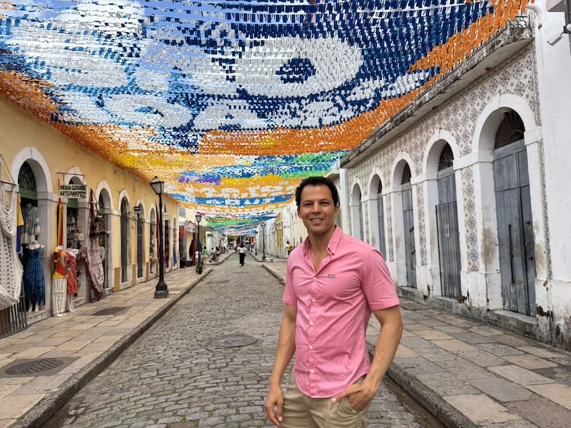 Historic street with colorful decorations in São Luís Maranhão Brazil city center